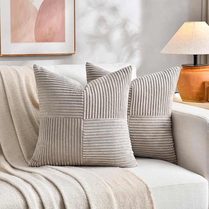 Fancy Homi Neutral Taupe Big Decorative Throw Pillow Covers 24x24 Inch for Couch Bed Sofa, Rustic Farmhouse Boho Home Decor, Soft Corss Corduroy Patchwork Accent Square Cushion Case 60x60 cm