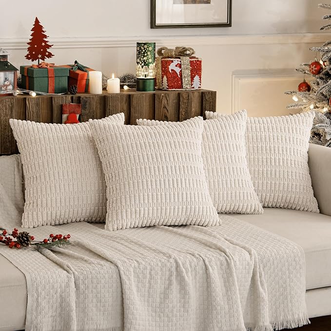 MIULEE Pack of 4 Cream White Corduroy Decorative Throw Pillow Covers 20x20 Inch Soft Boho Striped Pillow Covers Modern Farmhouse Home Decor for Sofa Living Room Couch Bed | Neutral Rustic Farmhouse Boho Soft Striped Pillow Covers,Home Decor for Sofa,Li...