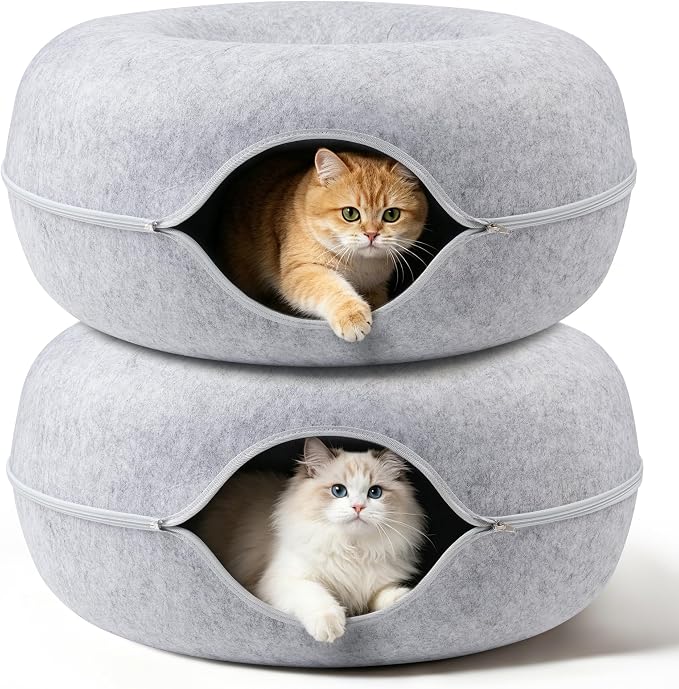 Cat Caves for Indoor Cats, Large Cat Tunnel for Multiple & Large Cats, Scratch Detachable Cave Bed, Kitten Donut Kitty Hideaway Up to 45 Lbs (Light Grey, Jumbo, 2 Pack)
