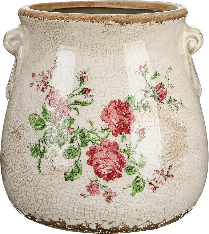Ceramic Scroll Planter 6.5 Inch Chinoiserie Floral Vase with Drainage Holes Vintage Flower Vase Flower Pot Rustic Ceramic Pots for Indoor Plants Garden Home Bookshelf Decor(Pink Green)