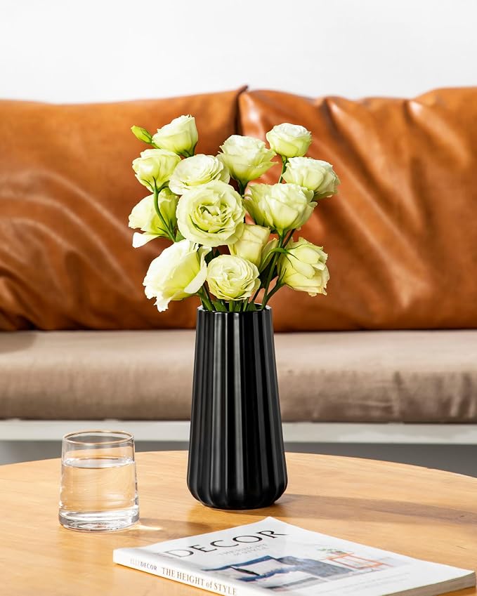 vancasso Ceramic Vase, 7.8 Inch Modern Ribbed Glossy Decorative Vase, Flower vase for Home Decor, Living Room, Bedroom, Office Decor, Black