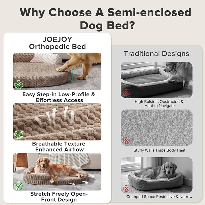 JOEJOY XXL Orthopedic Dog Beds, Extra Large Washable Waterproof Oval Dog Bed with with Removable Cover, Egg-Crate Memory Foam Pet Bed with Bolster Sides & Non-Skid Bottom, Brown, 48''x35''