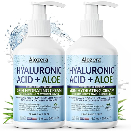 Alozera Hydrating Body Lotion, Hyaluronic Acid & Aloe Vera Body Moisturizer, Lightweight & Fast Absorbing Lotion for Dry Skin, Refreshing Hydration, No Added Fragrance, 16.9 oz (Pack of 2)