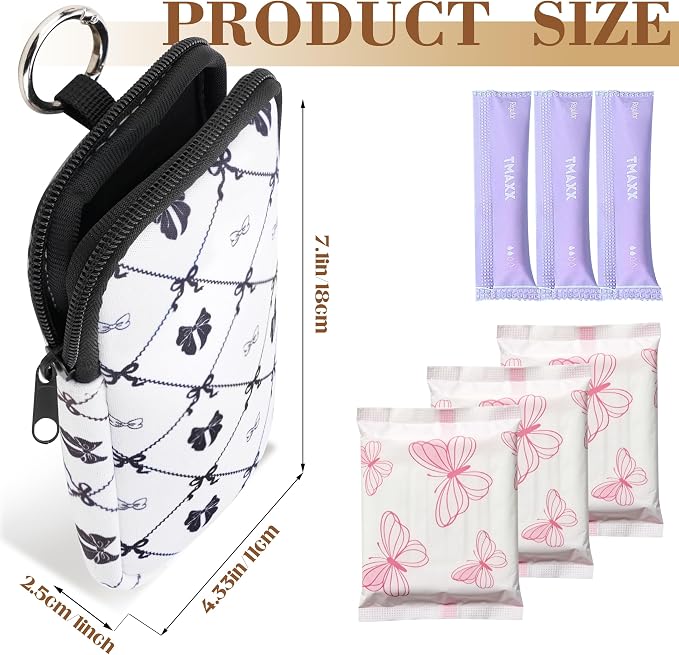 2 Pack Portable Tampon Holder Zippered Pouch with Snap Hook, Waterproof Travel-Friendly Discreet Period Bag, Feminine Products Organizer for Women Purse (Bow)