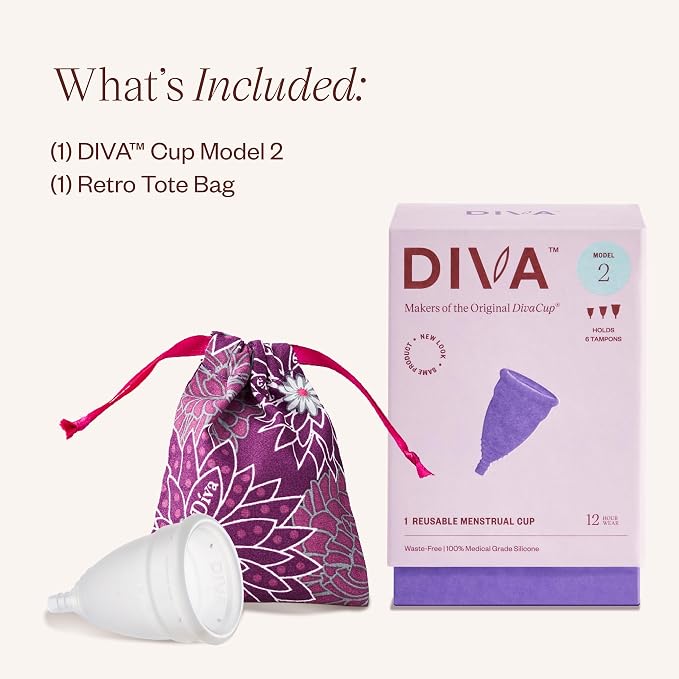 DIVA Cup Model 2 & Pouch - Medical Grade Silicone Cup for Period Care - Reusable Menstrual Cup - Up to 12 Hours of Wear - Model 2 (For Wide Vaginal Canals, Post-Partum & Ages 35+) Plus Retro DivaPouch