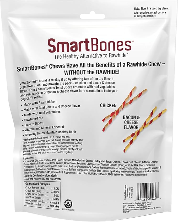 SmartBones Twist Sticks Rawhide-Free Dog Treats, Variety Pack, 50 Count | Chicken & Bacon or Cheese Flavor, Easy To Digest Chew, Vitamin & Mineral Enriched, Maintains Healthy Teeth, For Adult Dogs