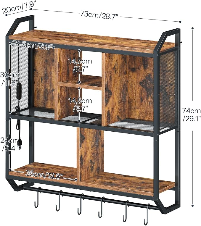 HOOBRO Gaming Floating Shelf with LED Lights, 28.7" LED Wall Mounted Shelf, 3-Tier Display Rack for Wall Storage, Floating Rack with Hanging Rod and 6 S-Hooks, Rustic Brown and Black BF70DBJ01