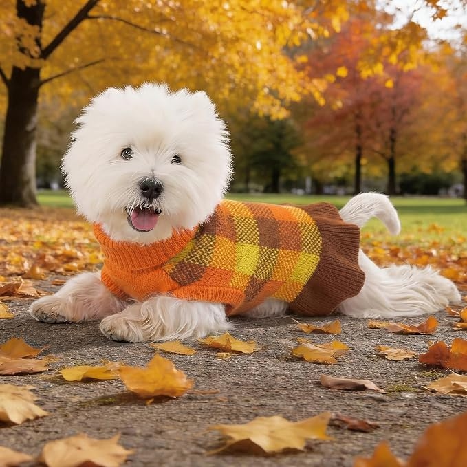 Dog Sweater Dress Plaid Knitwear for Small Medium Dogs Warm Puppy Pet Turtleneck Stretch Pullover Cute Fall Winter Vest Clothes with Leash Hole for Christmas (Orange, S)