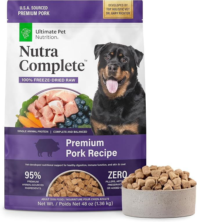 ULTIMATE PET NUTRITION Nutra Complete Freeze-Dried Raw Dog Food, Pork 3lb | Vet-formulated with antioxidants, prebiotics, & amino acids, full meal or topper for adult canines, all breeds & sizes