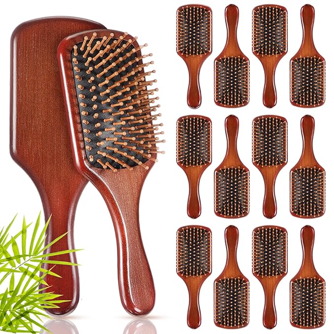 Tessco for you 12 Pcs Bamboo Hair Brushes Bulk Wooden Paddle Brush Scalp Massage Bristle Anti Static Engraving DIY Gifts for Women, Party, Wedding(9.65'' X 3.35'',Deep Brown-black)