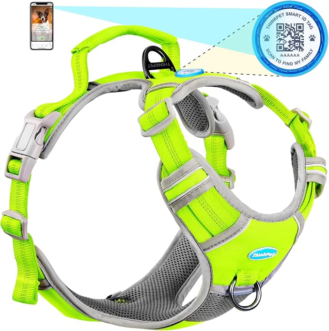 ThinkPet No Pull Harness Breathable Sport Harness with QR Code Dog Tag Reflective Dog Harnesses Smart ID Tagwith Handle Adjustable for Medium Large Dogs Back/Front Clip for Easy Control XL Green