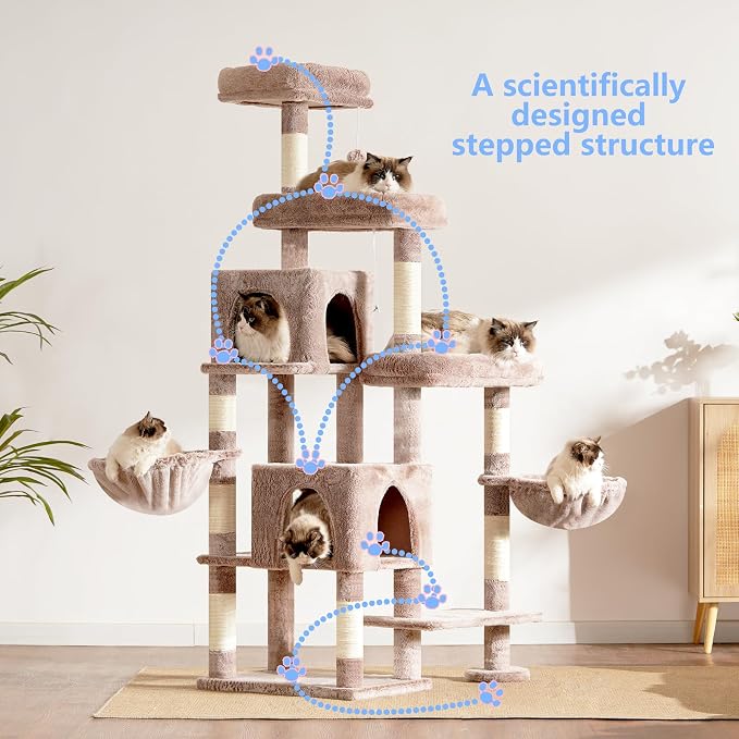 Hey-brother Cat Tree Tower with Stable Extended Base, 3 Platforms, MPJ038MU | 70.9 Inches Multi-Level Sisal Scratching Posts, Wide Bed, 2 Cozy Condos, 2 Hammocks, Toy Balls for Indoor Cats, Muchroom