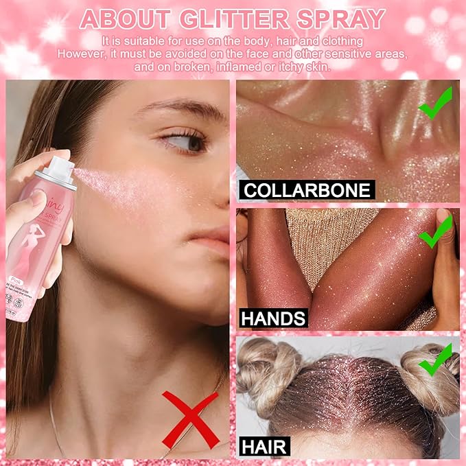 Hair and Body Glitter Spray, 60ml Pink Glitter Hairspray Dry Powder Makeup for Clothes, Festival Rave Prom Loose Sparkle Powder,Holographic Ultra Fine Glitters for Crafts (Pink)