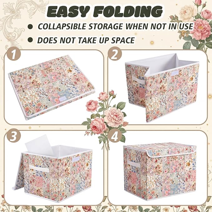 Briwooody Vintage Floral Storage Bin with Lid and Carrying Handle Retro Flower Foldable Storage Box Large Farmhouse Decorative Collapsible Container Basket for Organizing Closet Home Bedroom Gift