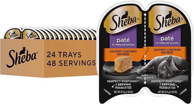 Sheba Perfect Portions Pate Wet Cat Food, Savory Chicken, 2.6 oz, 24 ct | Grain-free, 48 servings, no fillers, made in USA, real meat, complete & balanced, essential vitamins, twin-pack trays