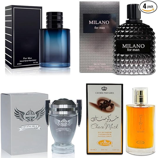 AFLUXE 4-Piece Cologne for Men Includes Choco Musk/SE/Invincible/Milano Scent of Woody, Spicy, Citrus & Aromatic eau de parfum Men Gift Set Each 100Ml for Daily Use