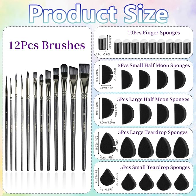 12 Pcs Face Paint Brushes, Nylon Black Paint Brushes Set with 30 Pcs Sponges, Face Painting Brush and Sponge Set for Halloween, Body Art, Acrylic Oil Watercolor Painting
