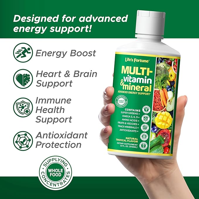 Life's Fortune Liquid Multivitamin for Adults Men & Women, Teens – High Absorption Daily Vitamins – Trace Minerals, Amino Acids, Biotin, L-Arginine, – Tropical Flavor, Sugar Free, 32 oz (Pack of 2)