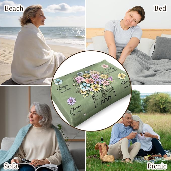 Christian Gifts for Women, Christian Birthday Blanket with Flowers | Religious Christmas Spiritual Baptism Gifts for Grandma Nana Mom Female Friend Sister, Throw Blankets 80''x 60'', Sage Green