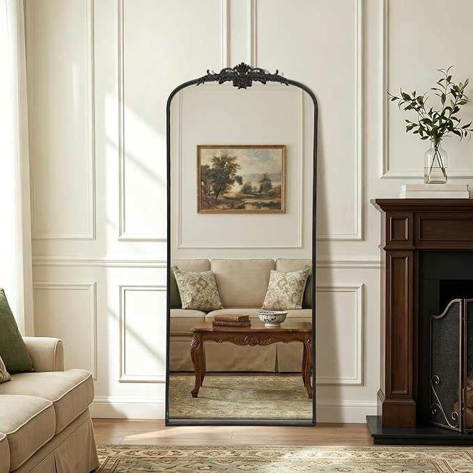 Besdomus Antique Mirror Full Length: 26"x63" Black Long Arched Body Mirrors | French Floor Standing Metal Framed - Vintage Baroque Traditional Ornate - Ideal for Foyer/Cloakroom/Bedroom/Dressing Room
