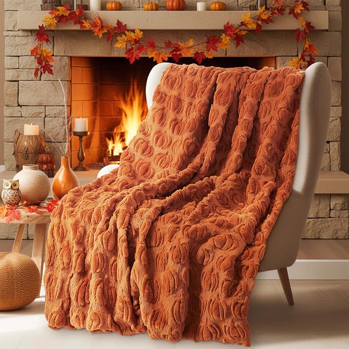 Tegeme Fall Halloween Pumpkin Throw Blanket 50" x 60", 3D Pumpkin Pattern Faux Rabbit Fur Fleece Blanket, Soft Cozy Rust Autumn Throw for Couch Sofa Bed, Thanksgiving Gift for Women Mom(Rust)