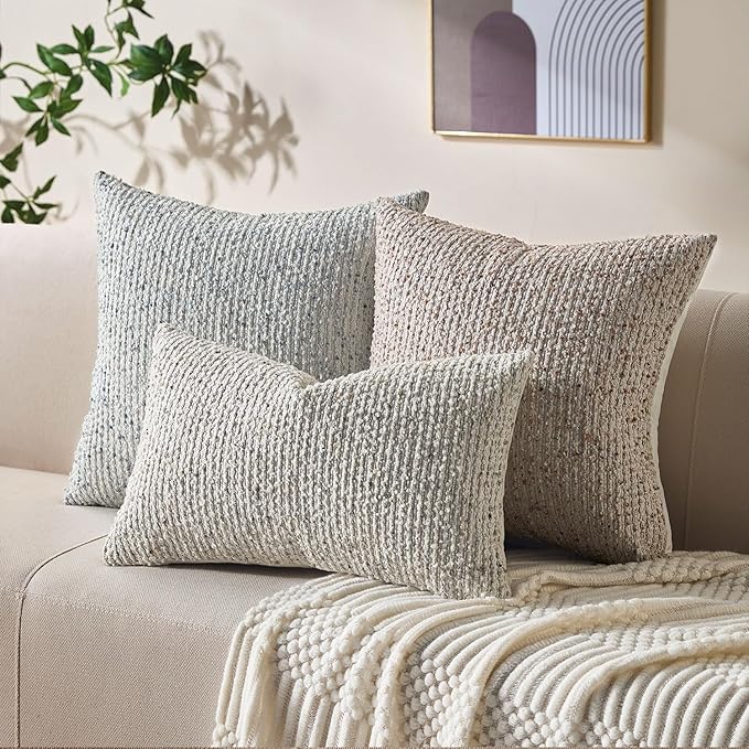 Allorry Soft Wool Decorative Throw Pillow Covers 12x20 Cream Gray SY011B12 | Cozy Soft Touch,Neutral Textured Boho Cushion Covers for Modern Farmhouse Sofa Bedroom Living Room Decor