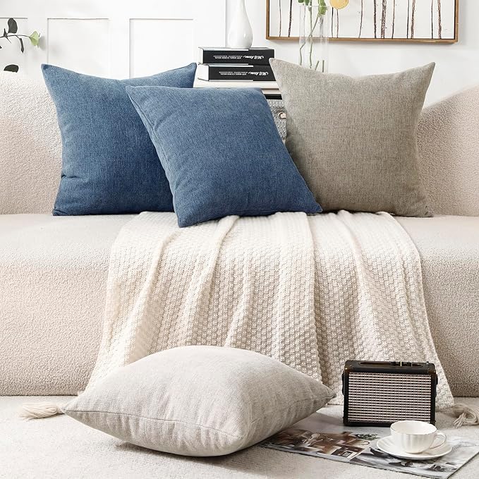 Pack of 2 Decorative Chenille Throw Pillow Covers, 24x24, Steel Blue | Square Soft Cozy Concise Pillow Covers Modern Farmhouse Couch Cushion Cases for Sofa Bed Living Room Home Decor