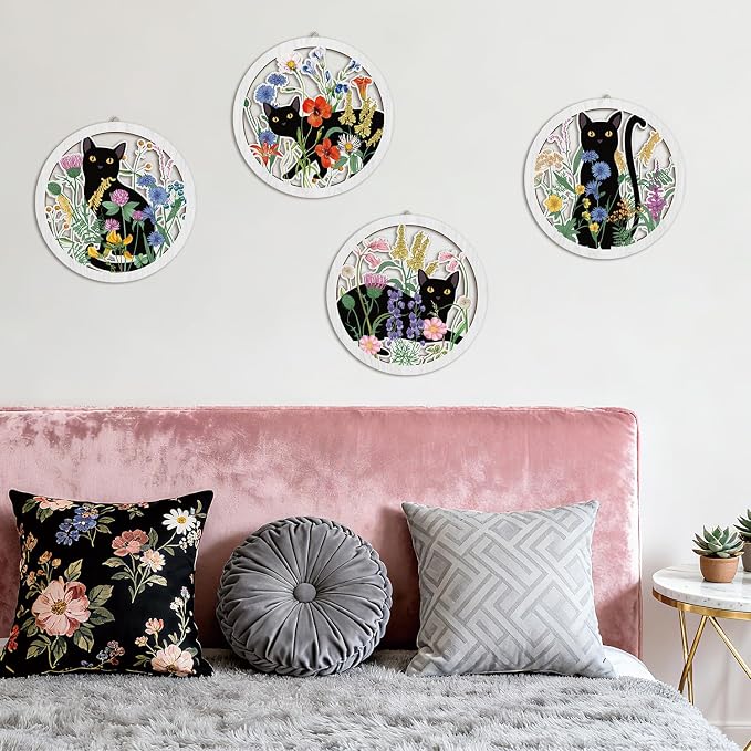 Funny Black Cat Wall Decor,Farmhouse Floral Wooden Signs,4 Pieces 10''x10'' Colorful Botanical Kitten Wall Art,Plant Cat Wood Plaque Home Decor for Pet Shop,Nursery,Lovely Cat Gifts