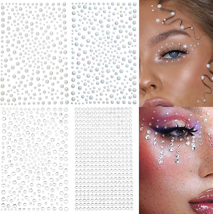 2116 Pcs Self Adhesive Rhinestones and Pearls for Makeup Eyes Face - 6 Sheets Clear Rhinestones, Pearl Stickers, Bling Gems, Jewels for DIY (Sparkling)