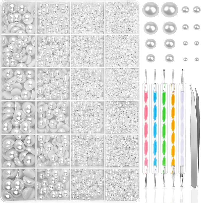 Mckanti 11176pcs Nail Pearls for Nail Art, 8 Mixd Sizes (2/3/4/5/6/8/10/12mm) Flatback Pearls Half Round Pearl Beads Loose Beads with 5 Dotting Pens and 1 Tweezer for DIY Crafts Nail Art Making