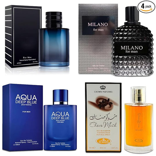 AFLUXE 4-Piece Cologne for Men Includes Choco Musk/SE/Aqua Deep Blue/Milano Scent of Woody, Spicy, Citrus & Aromatic eau de parfum Men Gift Set Each 100Ml for Daily Use