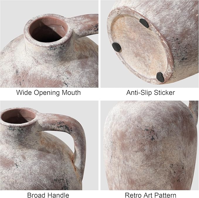 Ceramic Flower Vase with Handles,10" Neutral Tall Clay Terracotta Vases Farmhouse Table Vases with Handle Living Room Decor Rustic Pottery Pots for Home Shelf Coffee Dining Desk Fireplace