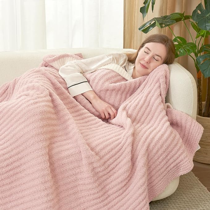 Snuggle Sac Pink Throw Blanket for Couch, Soft Cozy Ribbed Fluffy Blankets for Women, Warm Microfiber Knit Cute Throws for Girls Daughter Women Gifts for Mom, Pink, 50x70 inches