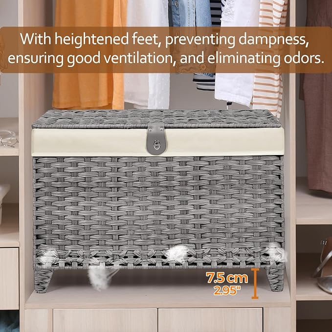 Wicker Storage Basket with Lid, 200L Storage Bin with Removable Liner Bag | Rattan-Inspired Shelf Basket Design, Storage Trunk with Heightened Feet, Wardrobe Storage Container & Home Organizer