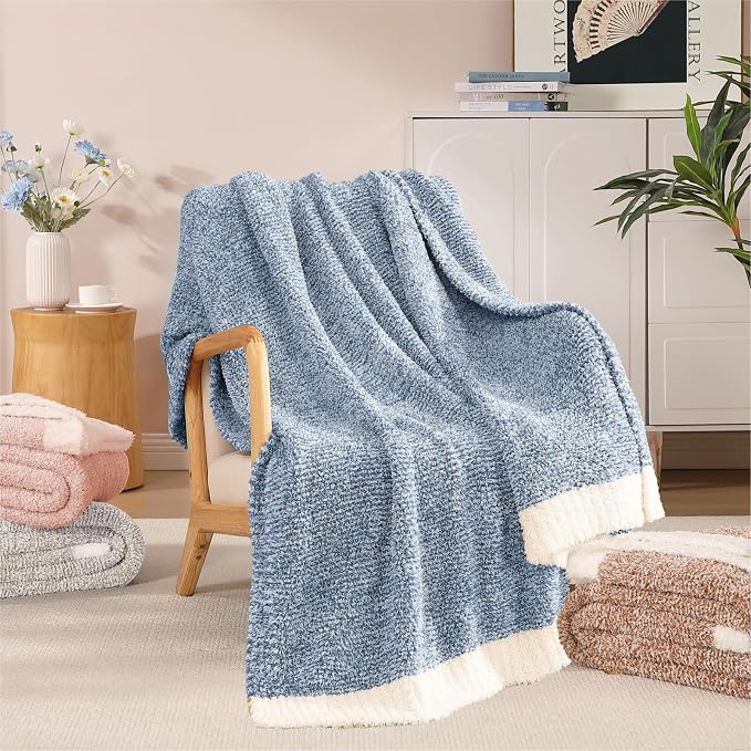 Soft Throw Blanket for Couch-Cozy Reversible Knitted Blankets | Lightweight Warm Fluffy Decor for Women, Mom, Her & Girls, Sofa, Chair, Bed, 50x70in, Cationic Dyeing Blue