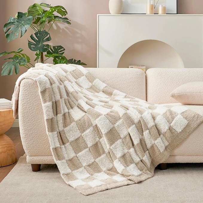 Snuggle Sac Checkered Oversized Throw Blanket Faux Fur Microfiber Blankets for Couch,Cozy Soft Warm Throw XL for Sofa Bedroom Living Room,Beige Checker,50x70 inches