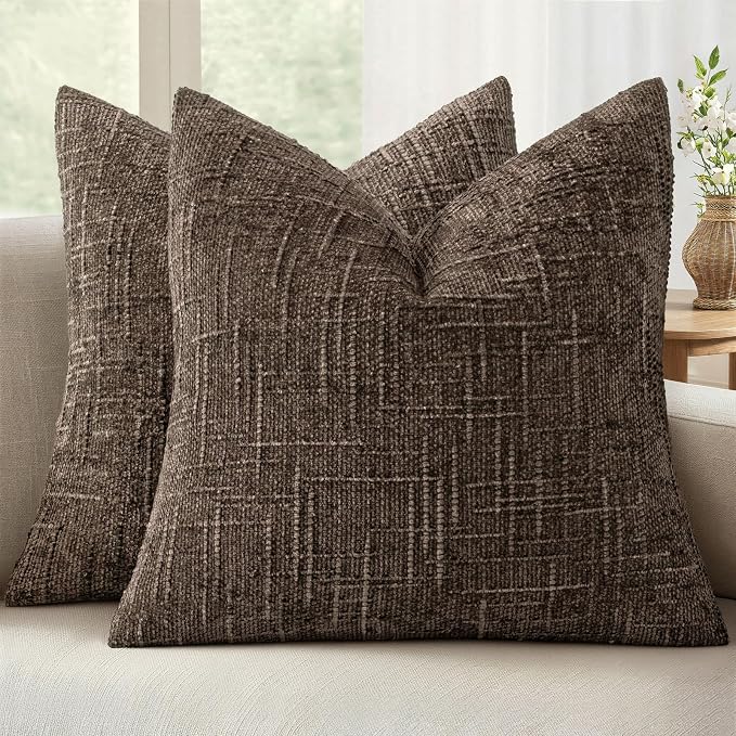 MIULEE Chenille Textured Fall Throw Pillow Covers Brown 20x20 Set of 2 | Slubby Decorative Pillows, Boho Farmhouse Rustic Home Decor, Modern Neutral Cushion Covers for Couch Sofa Bed Living Room