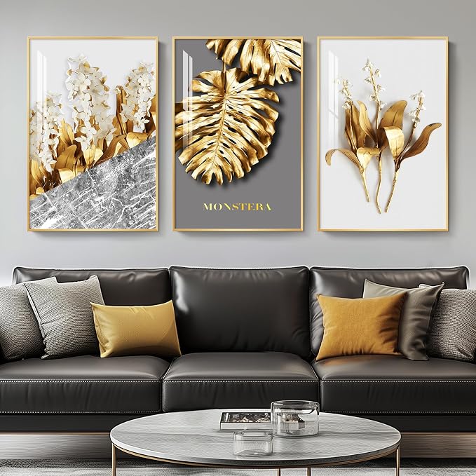 Framed Modern Luxury Large Gold Wall Art for Living Room, Set of 3 Piece Contemporary Paintings Artwork for Walls, Golden Leaf Prints with Gold Frame, Pictures for Office Wall Decor - Total 30" x 60"