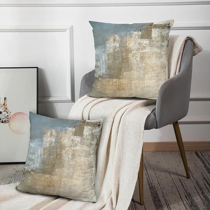 Grey and Beige Abstract Art Artwork Pillow Cover, Gallery Modern Decorative Throw Pillows Cushion Cover for Bedroom Sofa Living Room 16 x 16 Inch Set of 2