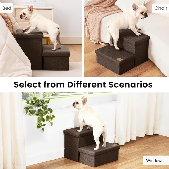 Love's cabin Dog Stairs for High Bed, Foldable Pet Stairs for Small Medium or Large Dogs Puppy with Storage for Bed or Couch, Cat Dog Steps Ramp with Zip up to 200 lbs, Coffee, 2 Steps