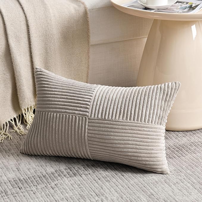 Fancy Homi Taupe Lumbar Decorative Throw Pillow Covers 26x16 Inch for Living Room Couch Bed Sofa, Farmhouse Home Decor, Soft Striped Corduroy Rectangle Accent Cushion Case 40x65 cm