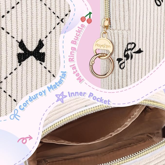 Corduroy Tampon Holder for Purse, Cute Rectangle Period Bag with Ring Buckle, Portable Tampon Bag Organizer Case for Feminine Products (Cherry-Beige)