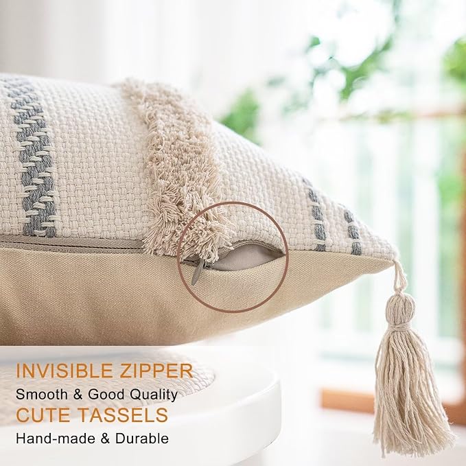 BUIOVBEY Boho Throw Pillow Covers Woven Tufted Pillow Cases with Tassels | Farmhouse Pillow Covers 12x20 Set of 2 Textured Striped Cushion Case Neutral Decorative Pillowcase for Sofa Couch Bed Khaki