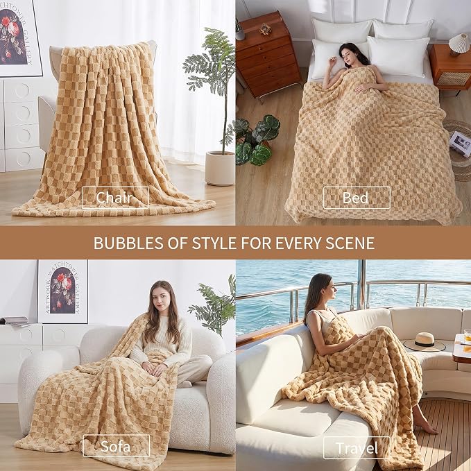 Luxury 3D Checkered Throw Blanket Reversible Thick Warm Blankets for Couch | Soft Velvet Flannel Fuzzy Plush Gift for Women