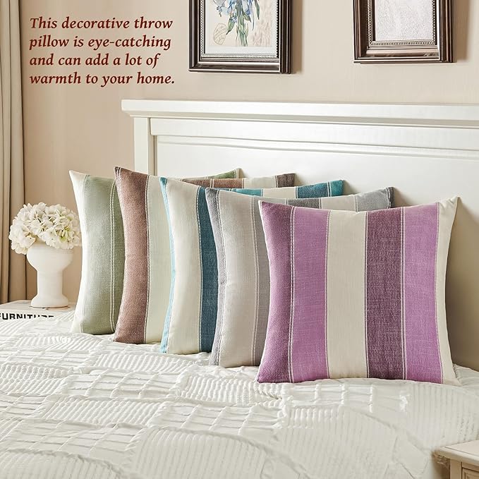 Pack of 2 Farmhouse Stripe Check Throw Pillow Covers Set Case Cotton Linen Decorative Pillowcases Cushion Cover for Couch Bench Sofa 16x16 Inch Purple