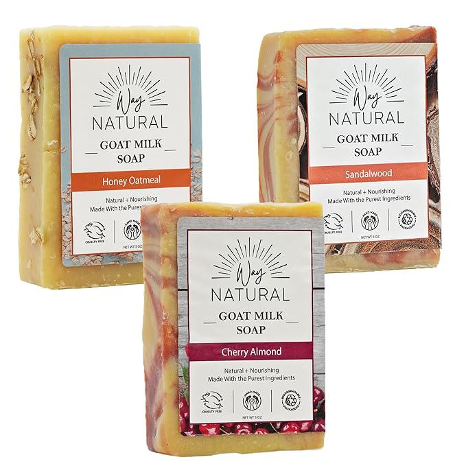 Goat Milk Soap Bar (Variety 3 Pack) - Natural Bar Soap for Men & Women - Handmade w/Real Milk, Hands/Body - Premium, Gentle, No Dyes - (Large, 5oz) Cherry Almond, Honey Oatmeal, Sandalwood