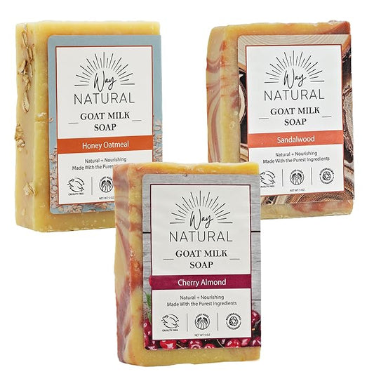 Goat Milk Soap Bar (Variety 3 Pack) - Natural Bar Soap for Men & Women - Handmade w/Real Milk, Hands/Body - Premium, Gentle, No Dyes - (Large, 5oz) Cherry Almond, Honey Oatmeal, Sandalwood