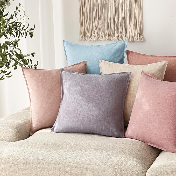 Foindtower Pack of 2, Decorative Linen Solid Throw Pillow Covers Soft Accent Euro Cushion Case Boho Farmhouse Neutral Pillowcase for Couch Sofa Bedroom Living Room Home Decor 18 x 18 Inch Light Purple