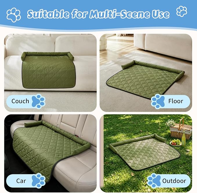 Cooling Dog Bed Mats with Neck & Head Support, 35.43 x31.5 inch Army Green | for Small and Medium Dogs & Cats, Non-Slip, Machine Washable, Protects Sofa from Fur & Scratches