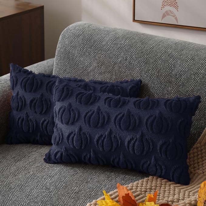 DFXSZ Fall Pillow Covers 12x20 2Pcs Navy Blue Pumpkin Fall Decorations | Fall decor Set of 2 Throw Pillow Cases Soft Plush Faux Fur Wool Couch Cushion for Chair Sofa Bedroom Living Room Home Decor